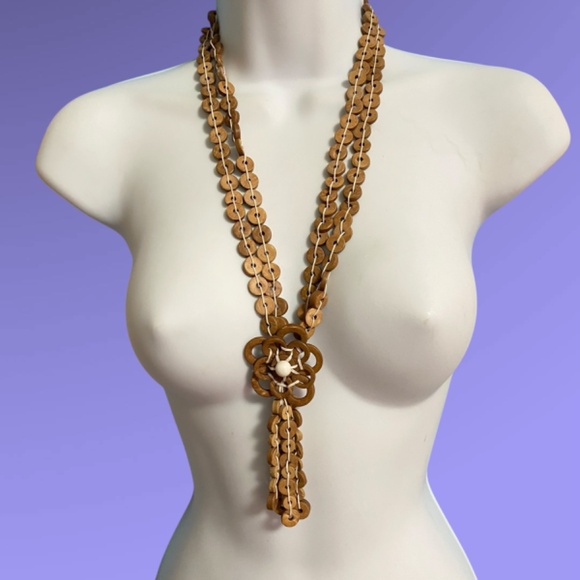 Bohemian Wood Disc Beads Artisan Made Long Statement Necklace - Picture 1 of 9